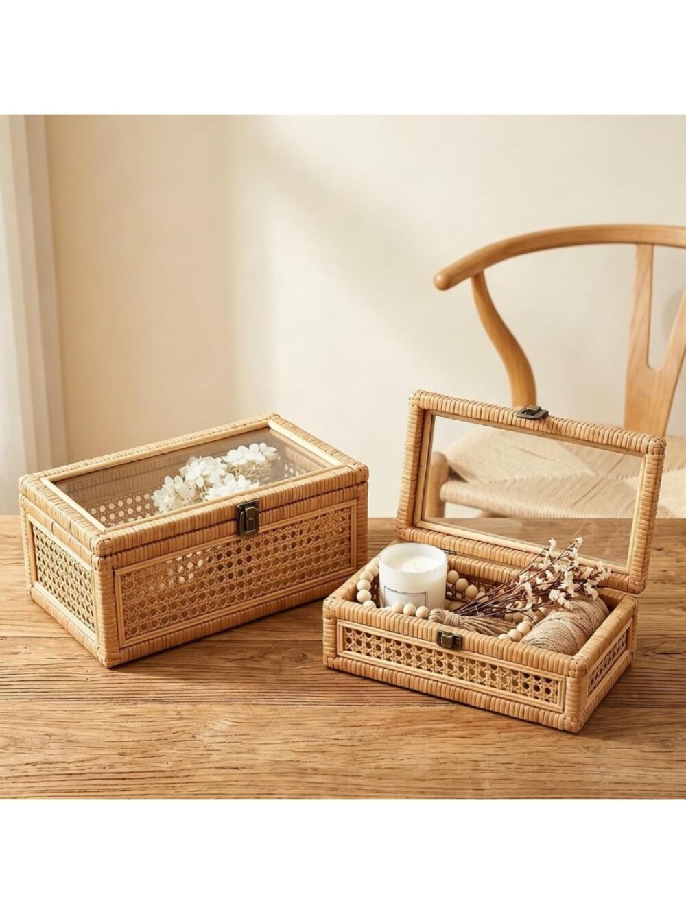 Large Woven Rattan Decorative Box Set with Lid - Rectangular Glass Display - Picture 5 of 7